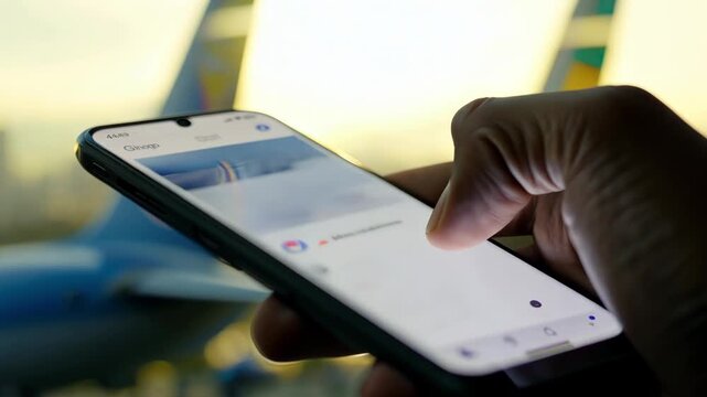 A traveler scrolls through social media on their smartphone, enjoying the vibrant sunset from their window seat as planes soar above.