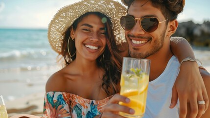 Happy beach outing with young couple and lemonade