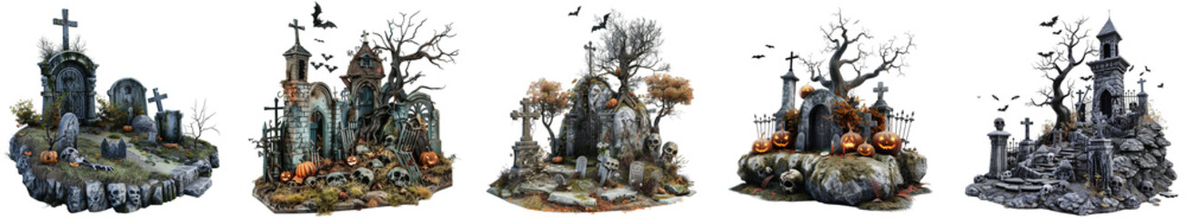 Obraz premium Pack of Spooky Halloween graveyard style set isolated on transparent