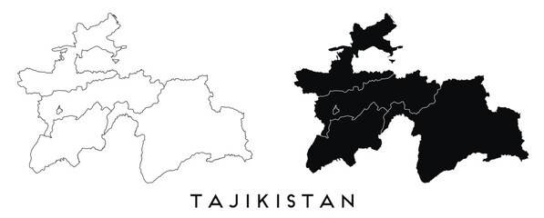 Tajikistan map of regions districts vector black on white and outline