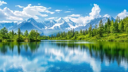 Majestic Mountain Landscape With Lush Green Forest and Serene Lake Under Bright Blue Sky