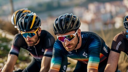 Cyclists wearing helmets and glasses by the beach