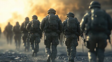 Military Soldiers Marching to Battlefield