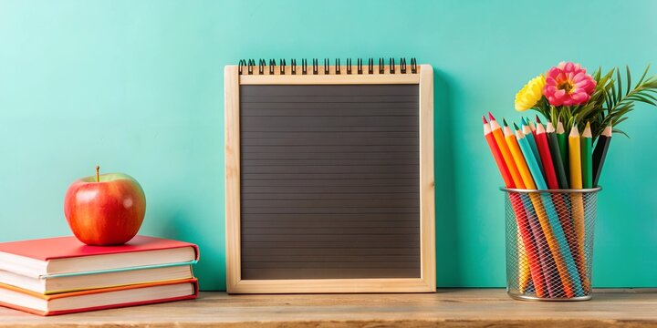 back to school Stationery on a green background on the table, minimalism, colored pencils in a glass, an apple, a decoration, a notebook, a blackboard, an idea for a photo, school wallpaper background