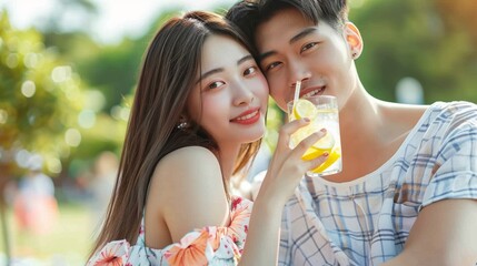 Obraz premium Summer delight: young couple with lemonade against a beach backdrop
