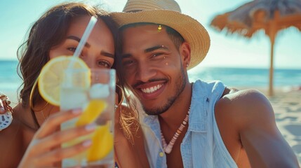 Happy beach outing with young couple and lemonade