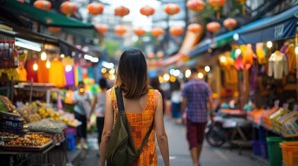 Vibrant Night Market Exploration in a Bustling Asian City With Colorful Lanterns and Local Goods