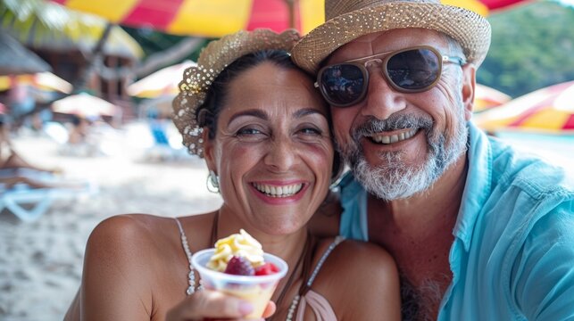 Cheerful couple with ice cream on a sunny beach day