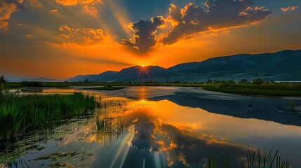 Stunning Sunset Over Mountain Range With Reflections in Calm Water and Vibrant Sky