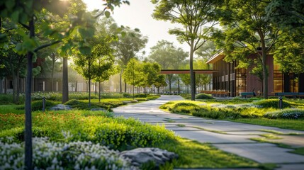 A green architectural sketch with trees and detailed linework in an urban context, creating an eco-friendly and innovative atmosphere.