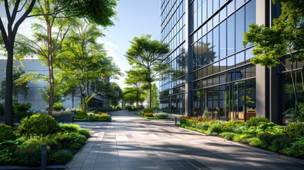 Obraz premium A modern office building with large glass windows and green landscaping in a bright, sunny environment, creating a vibrant and professional atmosphere.