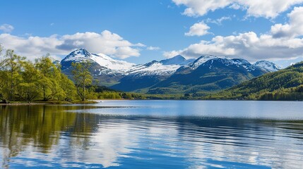 Serene Mountain Landscape With Reflections in Calm Waters Under Clear Blue Sky