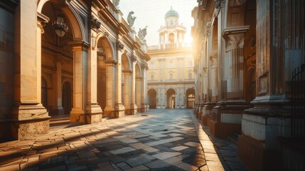 A grand historical building with classical architecture in a city setting, creating a majestic and timeless atmosphere.