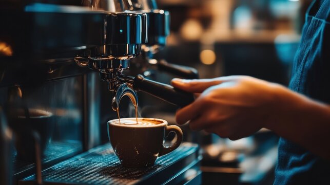 Close-up of a barista making a coffee in an office cafe