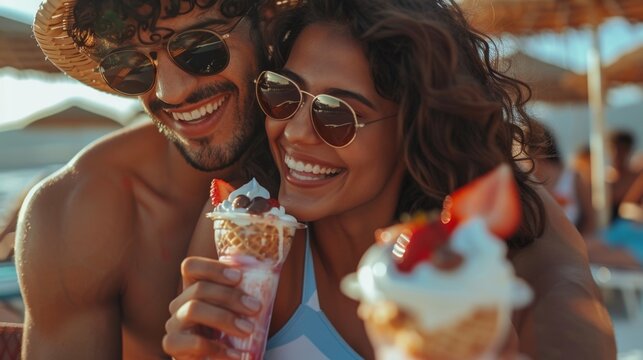 Joyful beach moment with young couple and ice cream