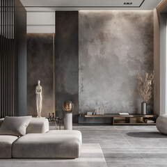 Aesthetic elegant minimalist japandi interior design. Clear mock up empty wall for decoration. Copy space. Neutral palette of natural colors.
