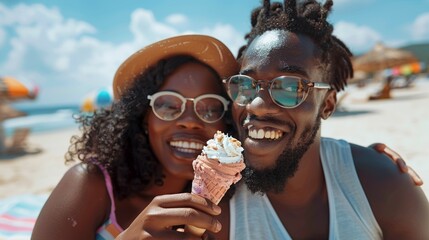 Relaxing on the beach with a sweet ice cream treat for a young couple