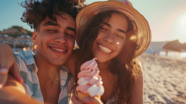 Joyful beach moment with young couple and ice cream