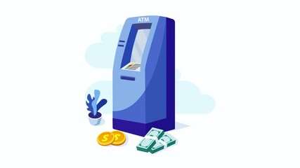 automatic withdrawal, atm machine, finance 2d video animation 4k clip