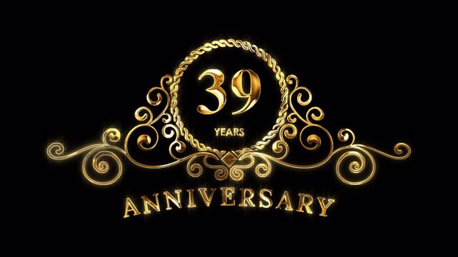 39th Anniversary Celebration. Happy 39 Years Anniversary Animation in Gold Color on the Transparent Background, Alpha Channel. Great for greetings, celebrations, events, and gifts.
