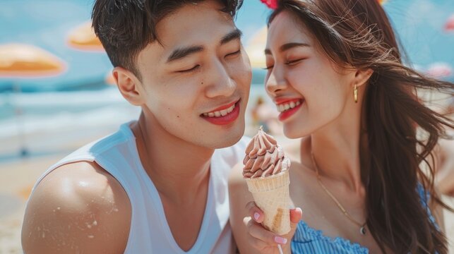 Romantic moment: young Asian couple with ice cream on a beautiful beach