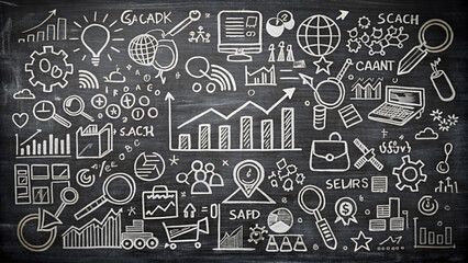 Chalkboard with intricate illustrations of search engine marketing concepts including keywords, analytics, and advertising strategies in a messy yet organized artistic representation.