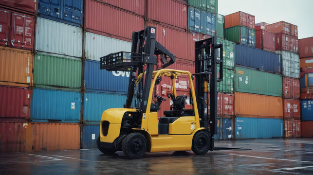 Forklift Parked in Front of Shipping Container Stack