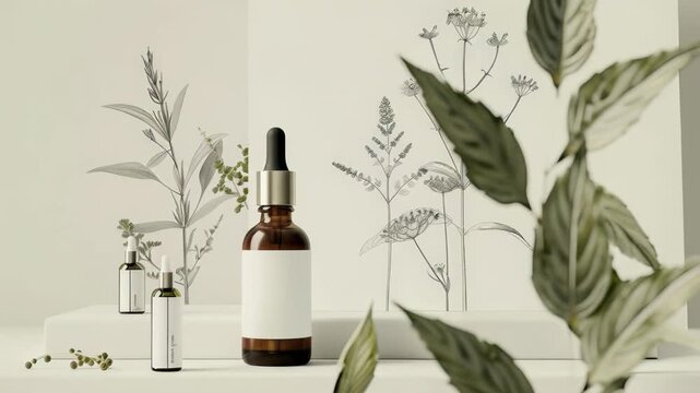 Discover the harmony of herbal infusions and botanical illustrations in a serene display of natural skin care essentials