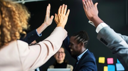Team Celebrates Success With High-Fives During Meeting in Modern Office Space