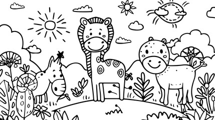 Fototapeta premium Playful Animals in a Cartoon Landscape Surrounded by Sunshine and Nature