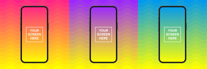 Mockup of a phone screen. Social media promotion. Purple, blue, yellow, red, pink and green abstract backgrounds with wavy pattern. Smartphone display. Device front view. 3D mobile phone. Cell phone