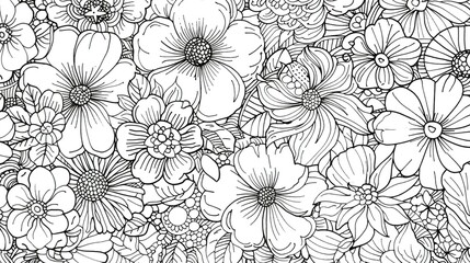 Obraz premium Intricate Black And White Floral Pattern Showcasing Various Flower Types In A Detailed Design