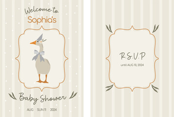 Goose cute flat illustration. Baby shower invitation printable design. Child greeting with farming animal. Vector nursery rural design for birthday party.  © DigARTbyHavroshka