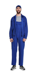 Naklejka premium Professional auto mechanic in blue uniform on white background