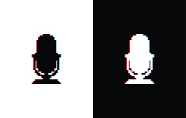 glich effect pixel Podcast icon. Vector pixel art microphone 8 bit logo for game