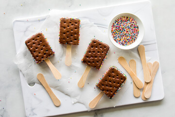 Top down view of ice cream sandwich pops rolled in colourful sprinkles.