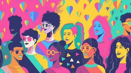 A colorful group of people with sunglasses and smiling faces
