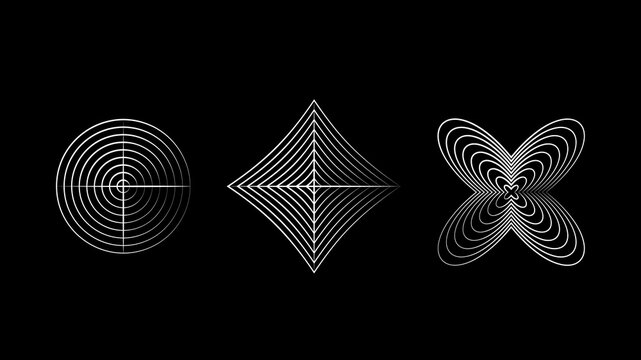 Set of 3 abstract geometric poster elements. 2d shapes, wireframes, cyberpunk and acid elements
