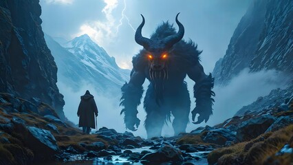 Hooded figure facing fierce monster in misty mountains, dramatic fantasy scene, adventure poster. Generative AI