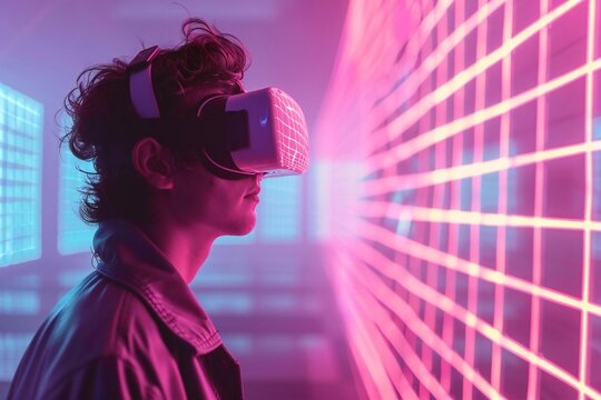 Neon Cyberpunk Retro Wave Abstract Background with 3D Perspective Grid and Space for Copy