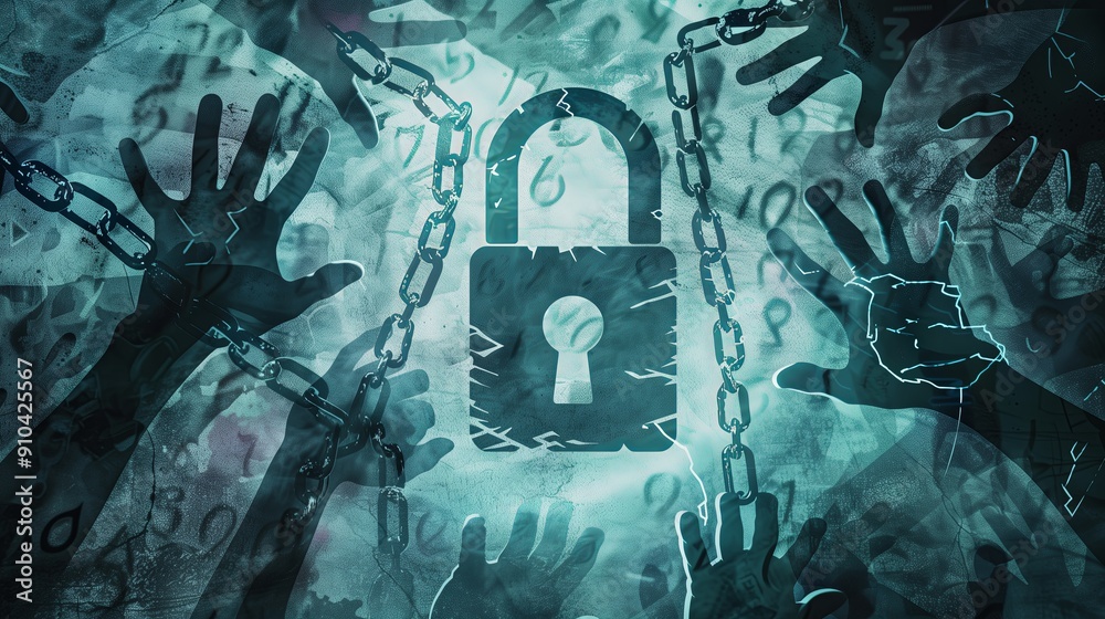 Poster a digital profile with a lock icon, multiple shadowy hands reaching out, and a broken chain represen