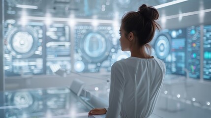 Young woman immersed in futuristic data analysis with neon lights