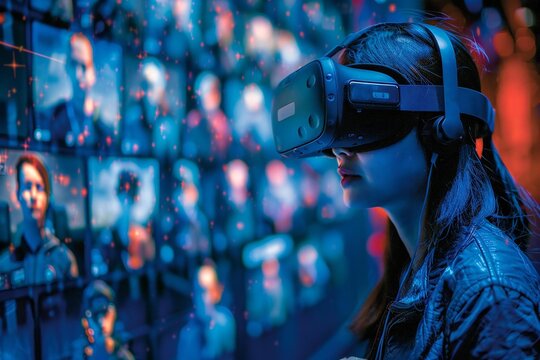 Title: African American gamer emotionally discusses gaming tournament with holographic avatars in VR cyberspace