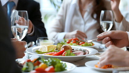 Coworkers having business lunch in restaurant, closeup