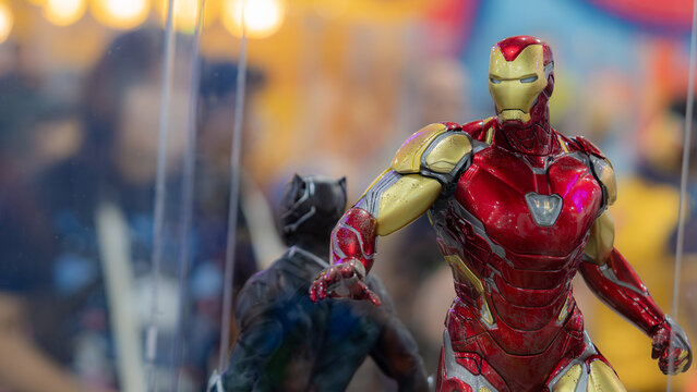 GUAYAQUIL - AUG 4: An Ironman model in Ecuador Comic Con 2024 on AUG 4, 2024 Display at the sales area of a store at the comic con, Guayaquil, Ecuador. Iron-Man. Marvel.