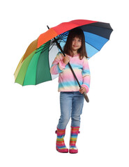 Cute little girl with colorful umbrella on white background