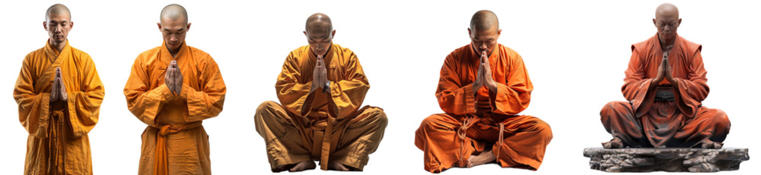Pack of Shaolin monk praying set against transparent background