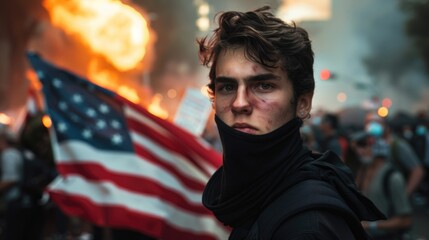 After the USA presidential election 2024 results, riots occur. Close up portrait A young man USA citizen  stands on the street with an American flag, burning cars in the background.