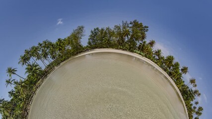 Little planet island with palm trees on sandy beach rotates. - Powered by Adobe