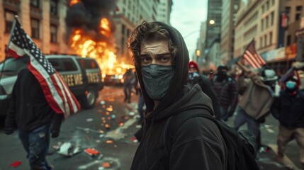 Street riots after USA presidential election 2024 results. A young man in mask stands on the street, burning cars and peoples with usa flag in the background.